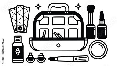 Makeup artist kit with brushes, bottles, and beauty case for professional use