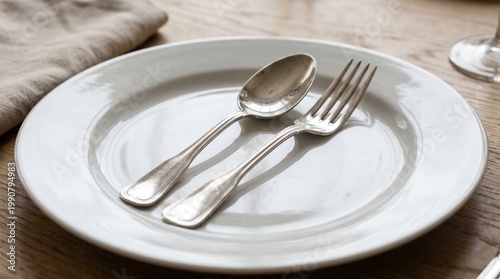 Elegant silver cutlery on white ceramic plate, vintage silverware spoon and fork on dinner plate, rustic table setting for fine dining