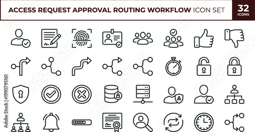Access request approval routing workflow outline icon set authorization identity verification compliance process management interface vector collection toolkit