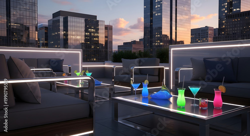 Modern outdoor rooftop patio with stylish seating area and city skyline views during sunset for leisure and social gatherings