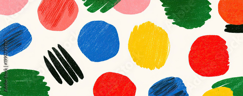 Abstract, colorful brushstrokes and irregular shapes on a cream background