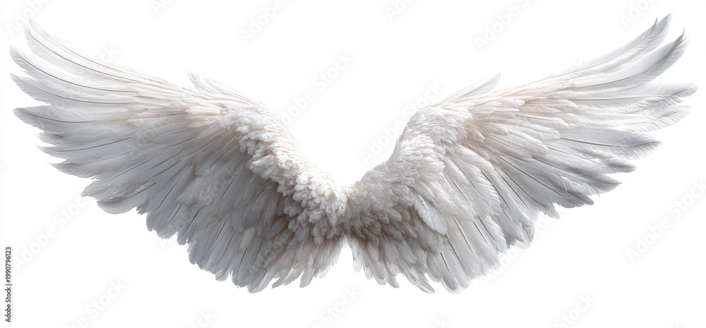 Obraz premium Two majestic white feathered wings spread wide on a pure white background