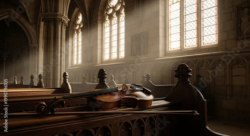 Violin rests on church pew bathed in ethereal light from tall windows