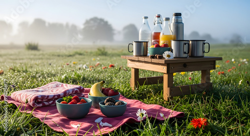 Scenic outdoor picnic setup with table food drinks blanket and fresh fruit in a lush green park on sunny day