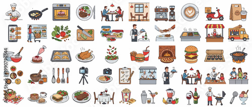 Colorful food and drink icons collection.