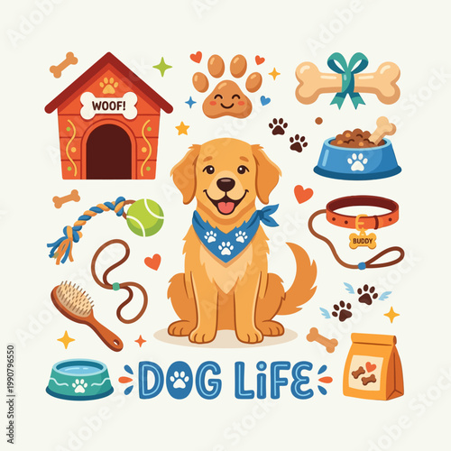 A charming illustration of a happy golden retriever puppy surrounded by essential pet accessories like a dog house, food bowls, leash, brush, and toys, celebrating "Dog Life".