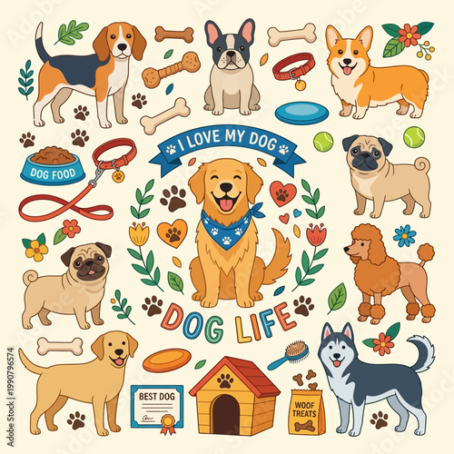 A vibrant illustration of various dog breeds and pet accessories, celebrating dog life with a central golden retriever.