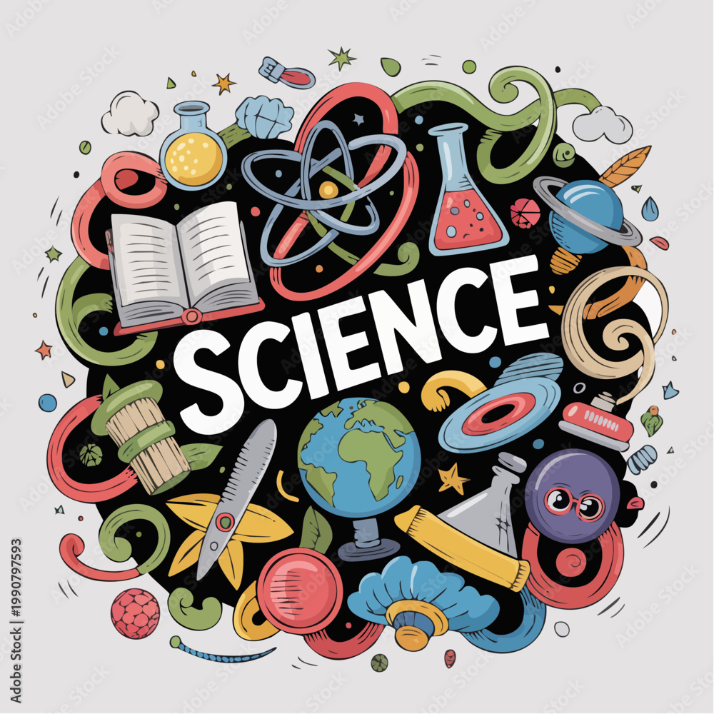 Fototapeta premium Colorful hand-drawn science illustration with educational icons and ty