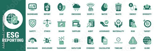 Comprehensive ESG reporting visuals for sustainability disclosures compliance dashboards and corporate reporting workflows Suitable for software interfaces audit pages investor decks