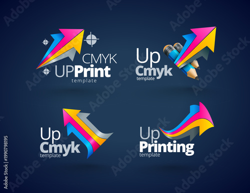Set logos Printing theme. Arrows Cmyk Colors. Template design vector. Black background
