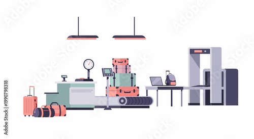 Airport Security Checkpoint with Luggage and Scanner.