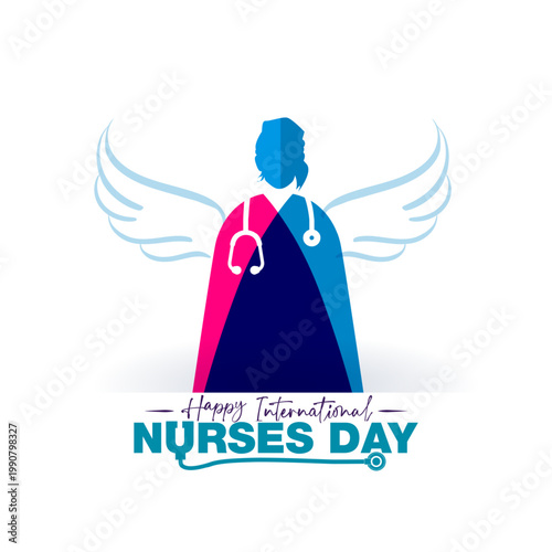 Happy International Nurses Day, medical promotion concept design. Abstract modern minimalist vector illustration of a nurse with wings and a logo.