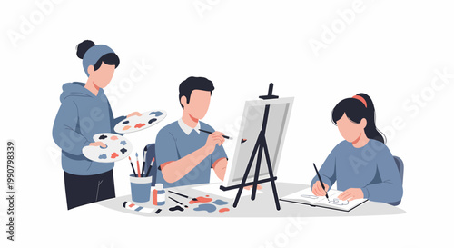 Artistic people creating paintings and drawings in a studio setting.