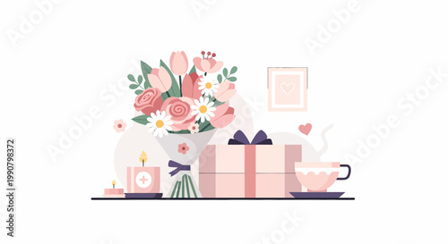 Beautiful Bouquet of Flowers and Gift Box.