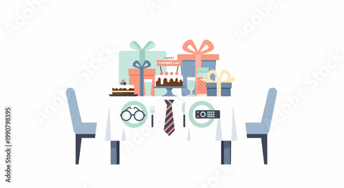 Birthday Celebration Table Setting with Gifts and Cake.