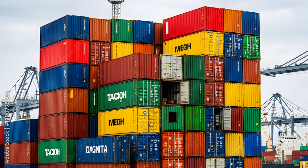 Fototapeta premium A vibrant stack of colorful shipping containers at a busy port or industrial area high quality
