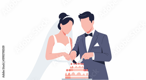 Bride and Groom Cutting Wedding Cake Together.