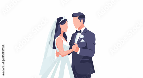 Bride and groom holding hands in wedding attire.