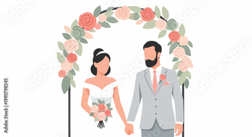 Bride and groom holding hands under a floral wedding arch.