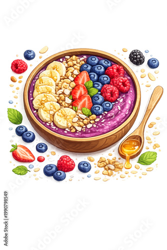 acai bowl, vibrant acai, smoothie bowl, fresh toppings, healthy breakfast, superfood bowl, berry bowl, granola topping, banana slices, fresh fruits, nutritious meal, organic food, clean eating, health