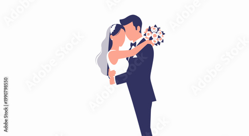 Bride and groom kissing on wedding day holding flower bouquet.