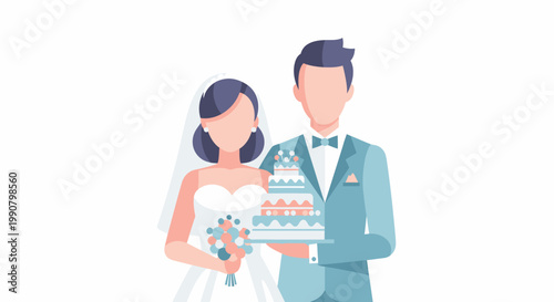 Bride and Groom Holding Wedding Cake.