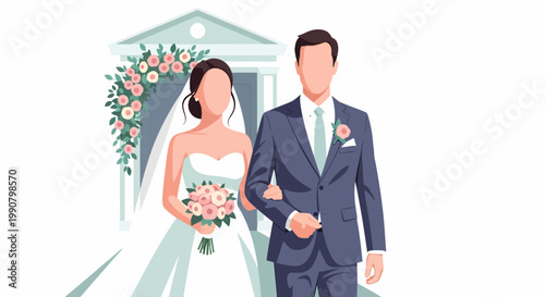 Bride and groom walking arm in arm at a wedding ceremony.