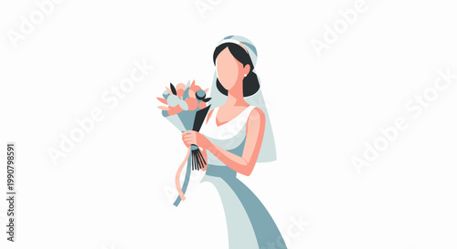 Bride Holding Bouquet Wedding Dress Veil White Background.