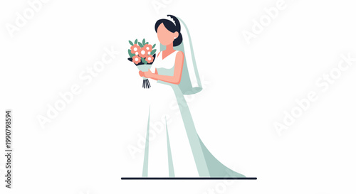 Bride Holding Bouquet Wedding Dress Veil.