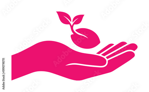 Pink hand holding small growing plant sprout vector icon, human palm nurturing young seedling, environmental protection and charity concept