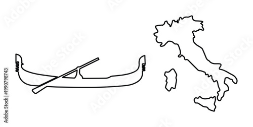 Minimalist Italian map and gondola boat vector icons, black line art of Italy silhouette and traditional Venetian rowing boat, travel symbols