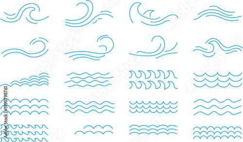 Water wave, sea wave set. Zigzag line. Water logo. Water logo, line ocean symbol in vector flat style. Ocean, sea waves symbols set. Sea waves blue line icon set. Zigzag water waves line icons