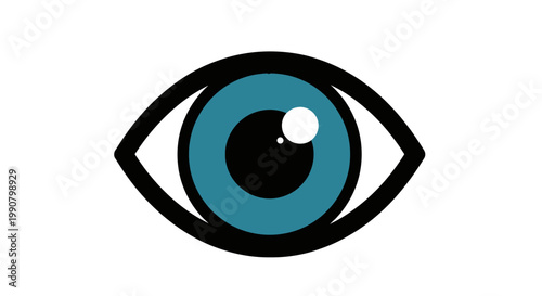 Detailed human eye icon with a bright cyan iris and black outline, symbolizing vision on an isolated white background.