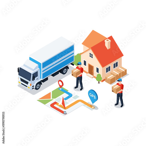 Delivery service concept with truck, house, movers, and map with GPS navigation.