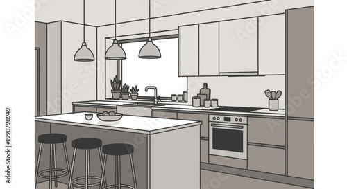 Monochromatic modern kitchen interior design with a central island, bar stools, appliances, and a window, reflecting a sophisticated home setting.