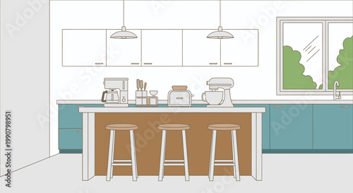 Modern kitchen interior with a central island and bar stools, featuring appliances and a window in a bright home setting.
