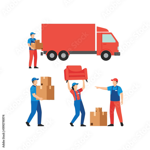 Movers loading boxes and furniture into a red truck for relocation services.