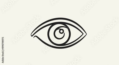 Abstract stylized eye illustration with a circular pupil, representing vision and observation in a bright studio.