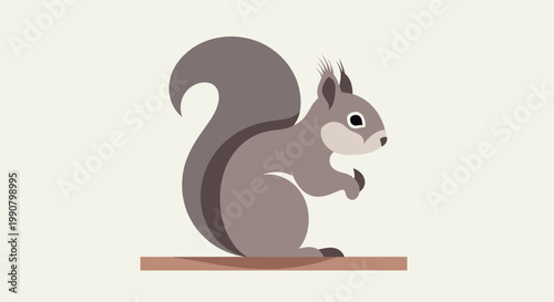 Cartoon Gray Squirrel Sitting on Branch Looking Forward in Bright Studio