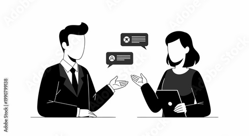 Business professionals communicating with speech bubbles illustration.