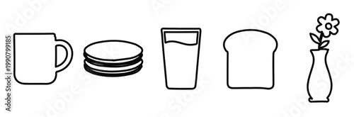 Minimalist breakfast icons set, black line art food and drink symbols, simple morning routine vector elements for kitchen menu design