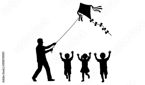 Kite Flying Family Silhouette Vector Illustration Adult and Children Outdoor Play Activity Icon Design