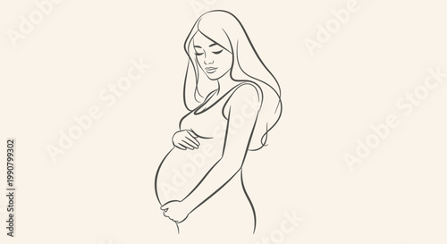 An elegant fashion sketch of a beautiful pregnant lady in a pink dress illustrating the art of motherhood and family health through a minimalist silhouette design