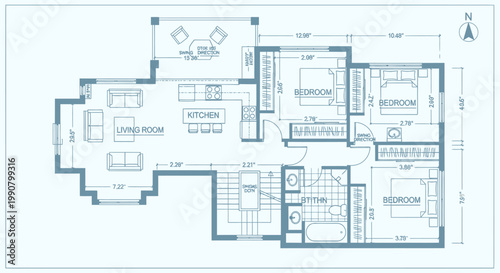 A technical architectural drawing and 3d blueprint sketch of a modern home project detailing the interior room structure and engineering design for residential construction on paper