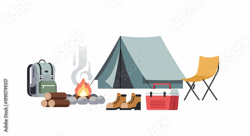 Camping Gear Setup with Tent Fire and Backpack.