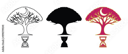 Mystical tree of life with hourglass and crescent moon, spiritual nature symbols in black silhouette and line art, 3 vector icons for logo design