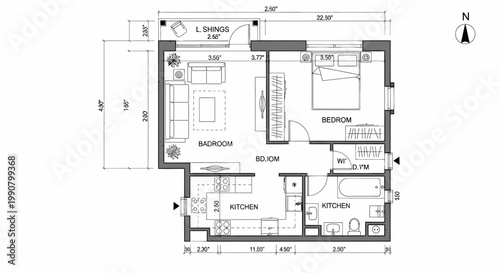 An architectural CAD drawing and technical floor plan sketch illustrating the engineering project for a modern house construction and interior apartment design