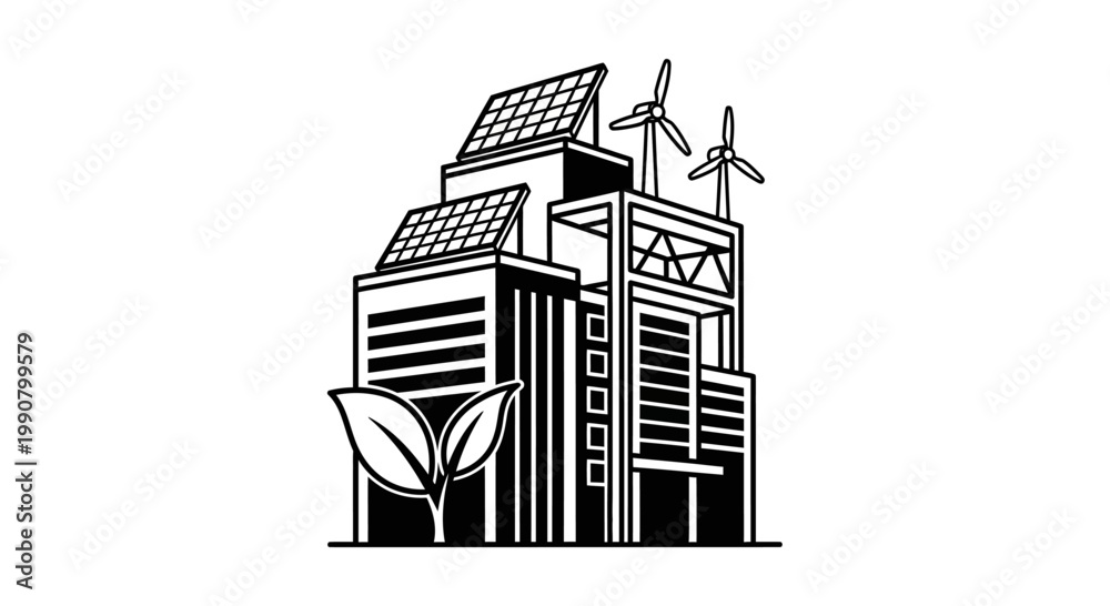 Fototapeta premium Eco-Friendly Sustainable Building with Solar Panels and Wind Turbines Icon