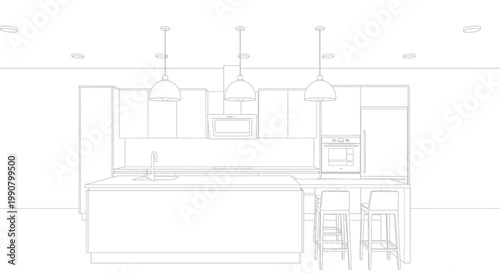 Line drawing sketch of a modern kitchen interior with an island, pendant lights, and bar stools, showcasing architectural design.
