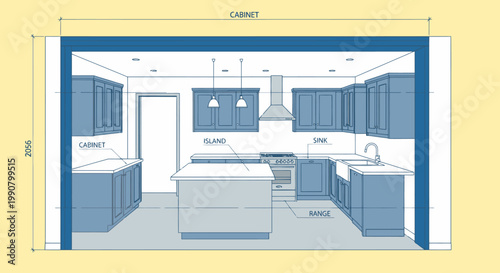 Architectural blueprint showing a detailed kitchen layout with island, cabinets, sink, and appliances, including dimensions and labels.